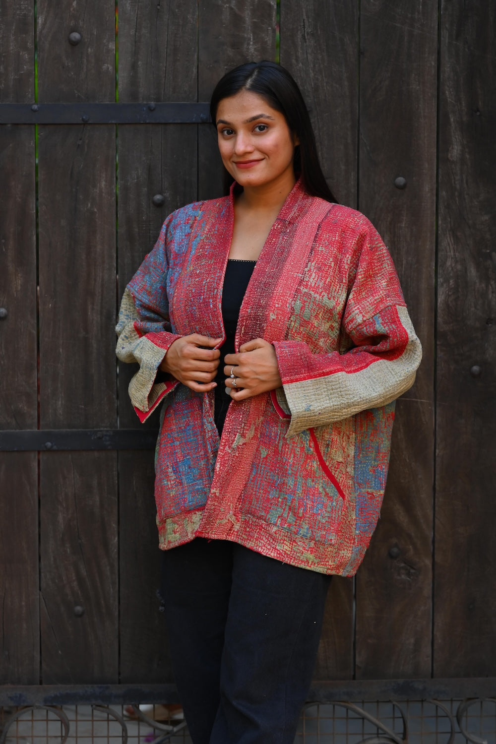 Ekaurr BIGDI The Ruby Wrap Kimono cotton open wrap kimono in deep jewel ruby tones with a relaxed flowing drape, artisan slow fashion layering piece for women from the BIGDI Blazers Coats and Robes collection