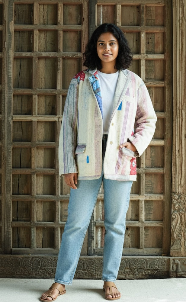 Ekaurr BIGDI The Second Life Stitch Blazer handcrafted blazer constructed from upcycled fabrics given a second life through kantha or patchwork stitching, artisan slow fashion statement outerwear for conscious women's styling