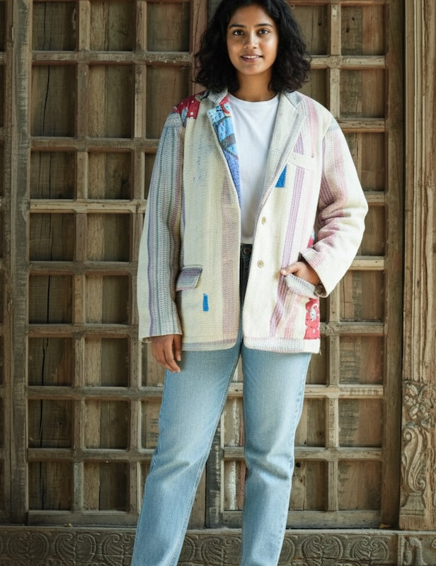 Ekaurr BIGDI The Second Life Stitch Blazer handcrafted blazer constructed from upcycled fabrics given a second life through kantha or patchwork stitching, artisan slow fashion statement outerwear for conscious women's styling
