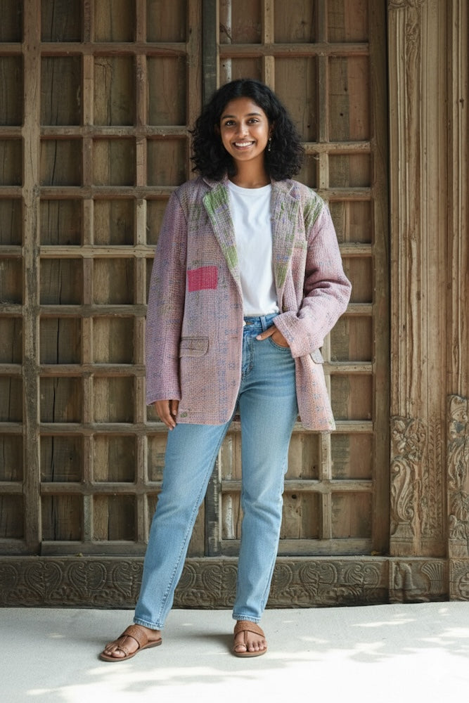 Ekaurr BIGDI The Slow Stitch Blazer handcrafted blazer celebrating visible hand-stitching in the slow fashion tradition with a folk kantha or embroidered surface, artisan conscious outerwear for women from the BIGDI collection