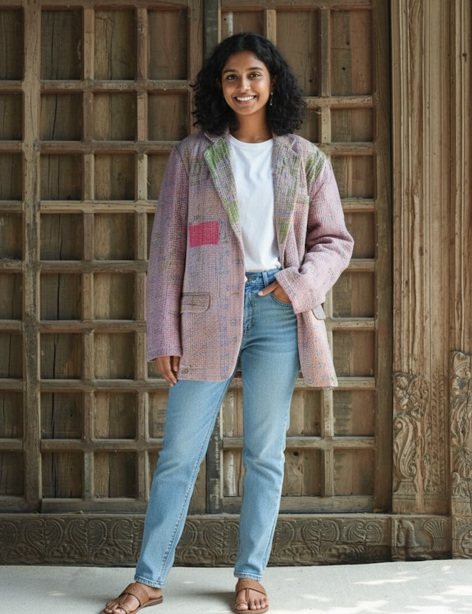 Ekaurr BIGDI The Slow Stitch Blazer handcrafted blazer celebrating visible hand-stitching in the slow fashion tradition with a folk kantha or embroidered surface, artisan conscious outerwear for women from the BIGDI collection