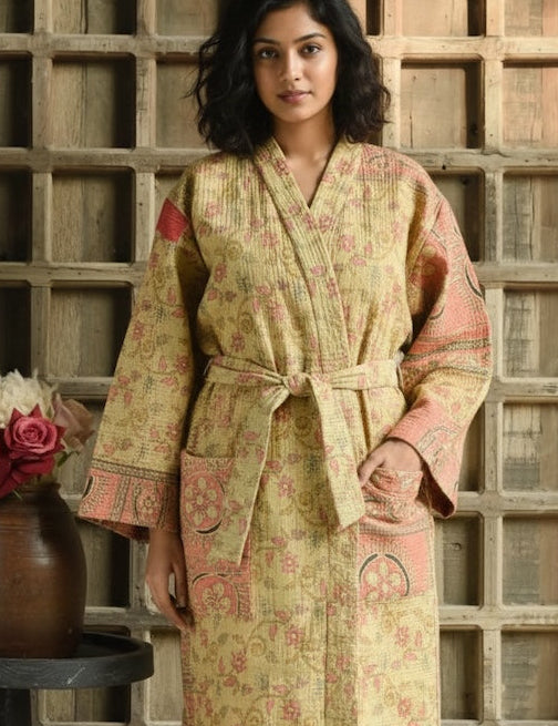 Ekaurr BIGDI The Textural Story Robe cotton open robe with richly layered tactile textile surface in earthy patchwork or woven tones, artisan slow fashion layering piece for women from the BIGDI Blazers Coats and Robes collection