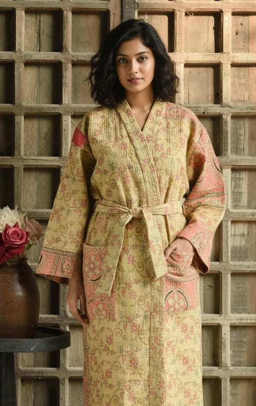 Ekaurr BIGDI The Textural Story Robe cotton open robe with richly layered tactile textile surface in earthy patchwork or woven tones, artisan slow fashion layering piece for women from the BIGDI Blazers Coats and Robes collection