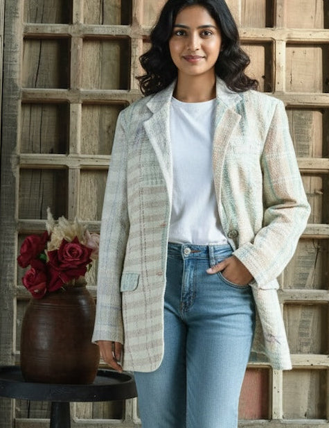 Ekaurr BIGDI The Threaded Stories Blazer handcrafted blazer with a kantha or layered thread narrative surface in multicolour folk textile panels, artisan slow fashion statement outerwear for women from the BIGDI collection