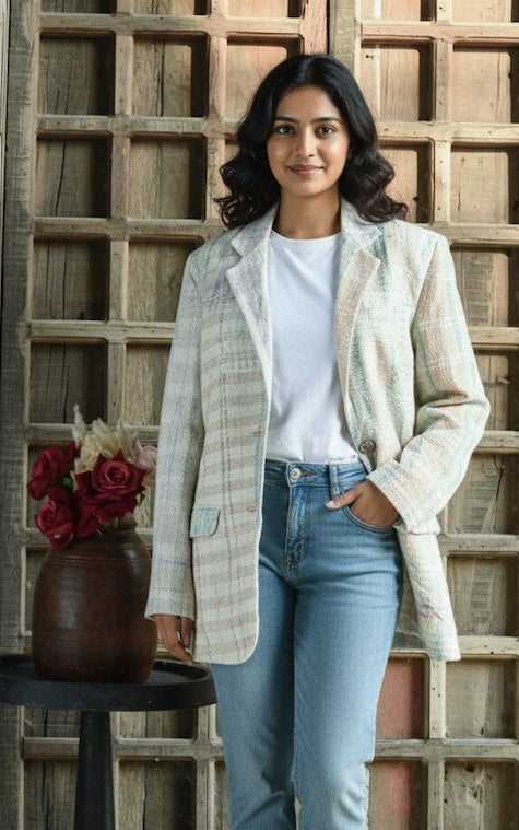 Ekaurr BIGDI The Threaded Stories Blazer handcrafted blazer with a kantha or layered thread narrative surface in multicolour folk textile panels, artisan slow fashion statement outerwear for women from the BIGDI collection