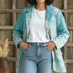 Ekaurr BIGDI The Tidal Aqua Blazer cotton quilted blazer in ocean-inspired tidal aqua tones with a fluid structured form, artisan slow fashion outerwear for women from the BIGDI Blazers Coats and Robes collection