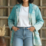 Ekaurr BIGDI The Tidal Aqua Blazer cotton quilted blazer in ocean-inspired tidal aqua tones with a fluid structured form, artisan slow fashion outerwear for women from the BIGDI Blazers Coats and Robes collection