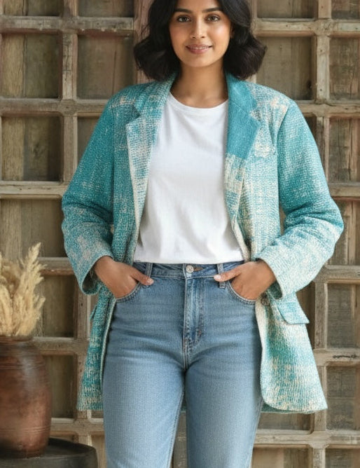 Ekaurr BIGDI The Tidal Aqua Blazer cotton quilted blazer in ocean-inspired tidal aqua tones with a fluid structured form, artisan slow fashion outerwear for women from the BIGDI Blazers Coats and Robes collection