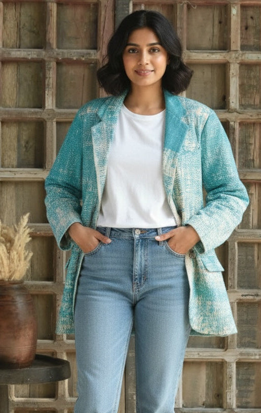 Ekaurr BIGDI The Tidal Aqua Blazer cotton quilted blazer in ocean-inspired tidal aqua tones with a fluid structured form, artisan slow fashion outerwear for women from the BIGDI Blazers Coats and Robes collection