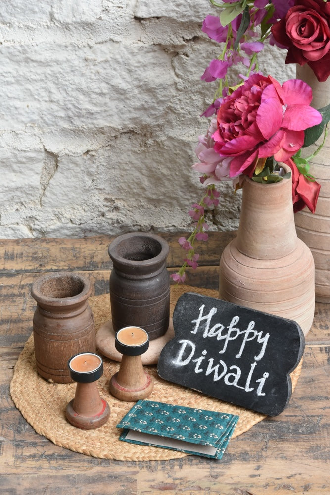 Ekaurr The Timeless Glow Set curated artisan gift of handcrafted tea light holders and reclaimed wooden vases with complimentary greeting card, timeless sustainable gifting for home ambience and meaningful occasions
