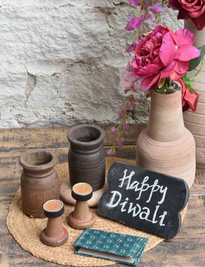 Ekaurr The Timeless Glow Set curated artisan gift of handcrafted tea light holders and reclaimed wooden vases with complimentary greeting card, timeless sustainable gifting for home ambience and meaningful occasions