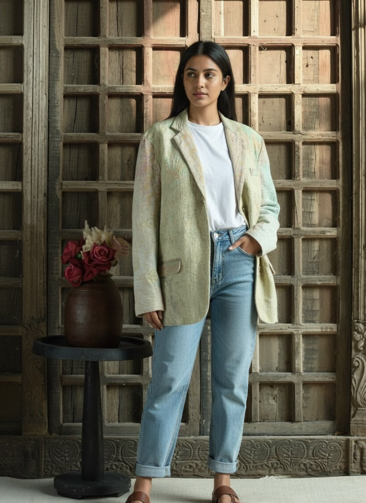Ekaurr BIGDI The Upcycled Legacy Blazer handcrafted from upcycled heritage textiles with a legacy patchwork or kantha stitch surface, artisan slow fashion statement outerwear for women celebrating conscious Indian craft