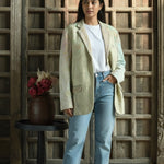 Ekaurr BIGDI The Upcycled Legacy Blazer handcrafted from upcycled heritage textiles with a legacy patchwork or kantha stitch surface, artisan slow fashion statement outerwear for women celebrating conscious Indian craft