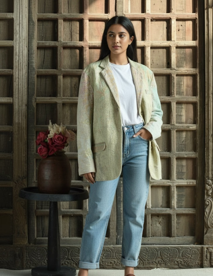 Ekaurr BIGDI The Upcycled Legacy Blazer handcrafted from upcycled heritage textiles with a legacy patchwork or kantha stitch surface, artisan slow fashion statement outerwear for women celebrating conscious Indian craft