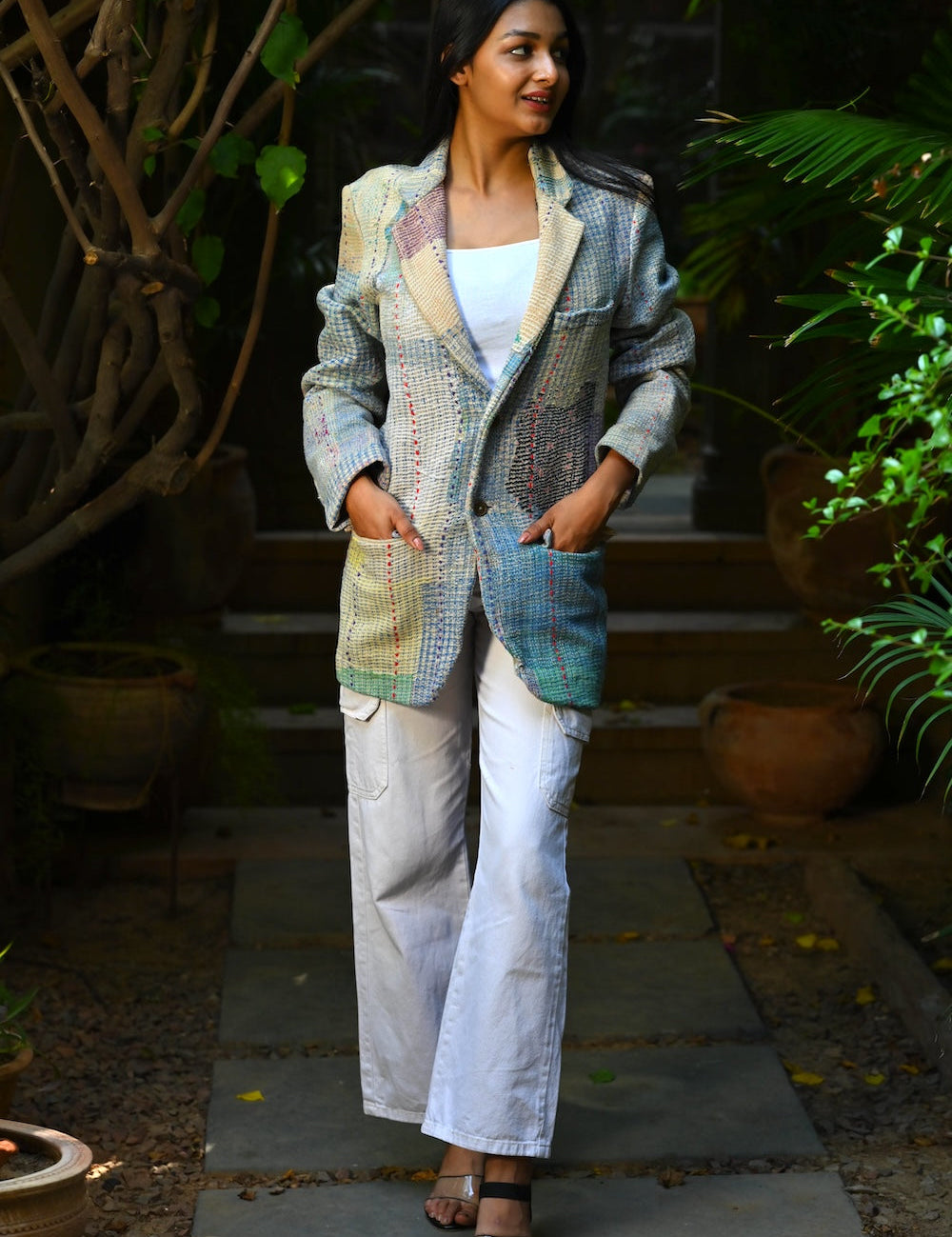 Ekaurr Threaded Spectrum Blazer handcrafted artisan blazer in a spectrum of kantha stitch or block-dyed fabric panels, slow fashion statement outerwear for conscious women's styling and events