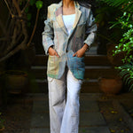 Ekaurr Threaded Spectrum Blazer handcrafted artisan blazer in a spectrum of kantha stitch or block-dyed fabric panels, slow fashion statement outerwear for conscious women's styling and events