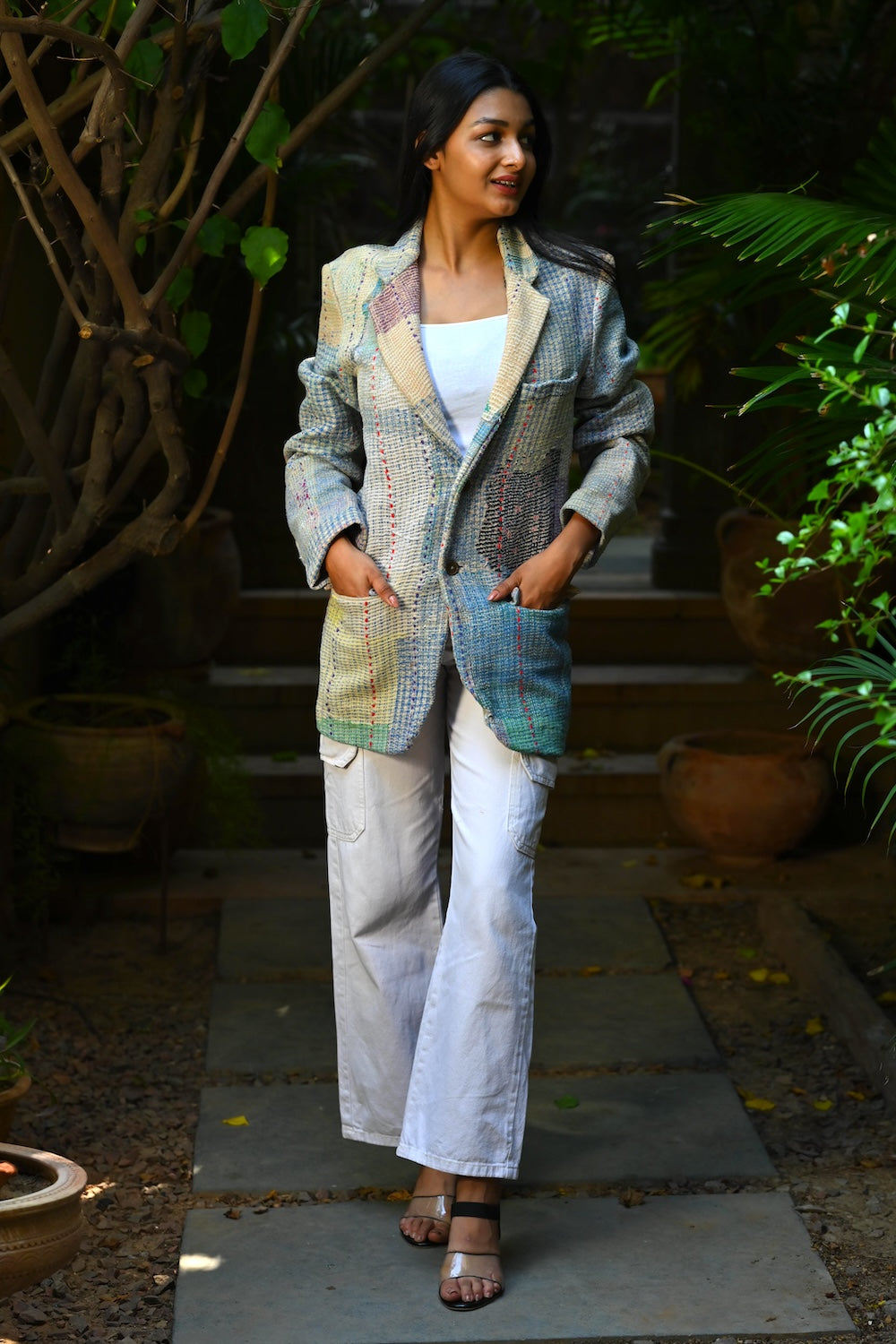 Ekaurr Threaded Spectrum Blazer handcrafted artisan blazer in a spectrum of kantha stitch or block-dyed fabric panels, slow fashion statement outerwear for conscious women's styling and events