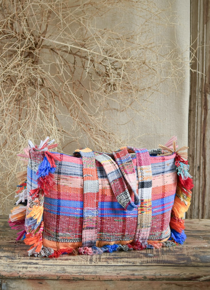 Ekaurr Threaded Tales Bag with Fringes handcrafted kantha or patchwork fabric tote bag with tassel fringe detailing, artisan Indian textile accessory for everyday use and boho-inspired styling