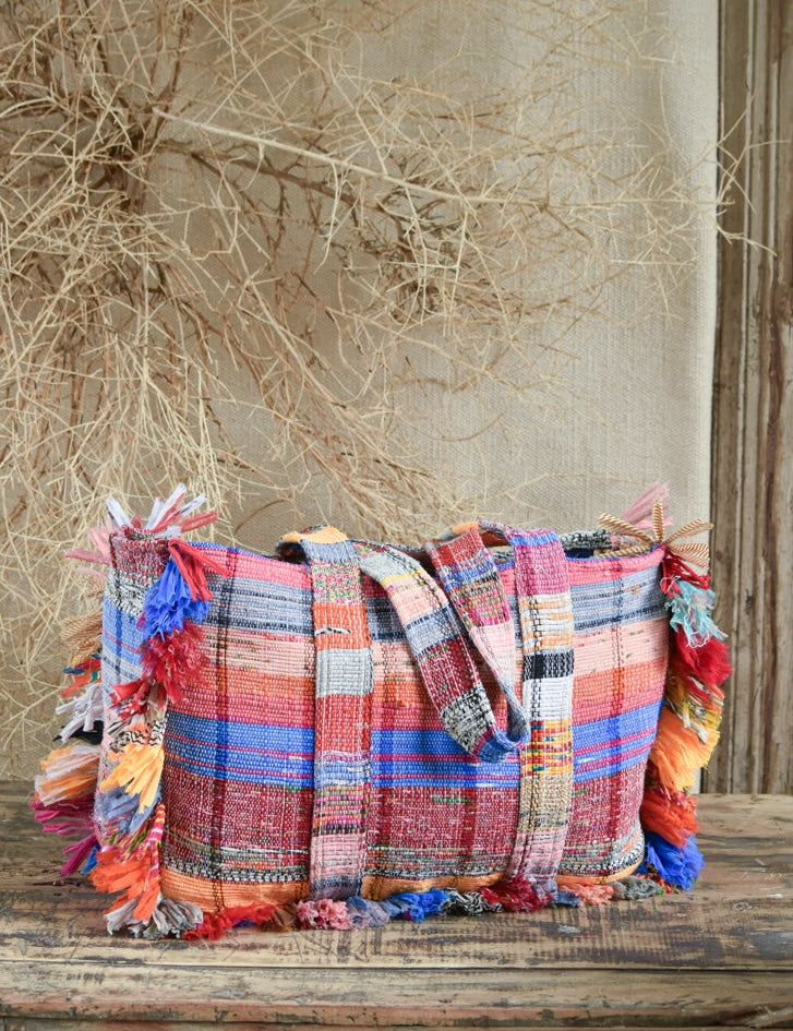 Ekaurr Threaded Tales Bag with Fringes handcrafted kantha or patchwork fabric tote bag with tassel fringe detailing, artisan Indian textile accessory for everyday use and boho-inspired styling