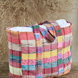 Ekaurr Threaded Tales Bag handcrafted kantha or patchwork fabric tote bag with layered textile storytelling panels, artisan Indian textile accessory for everyday use and boho-inspired conscious styling