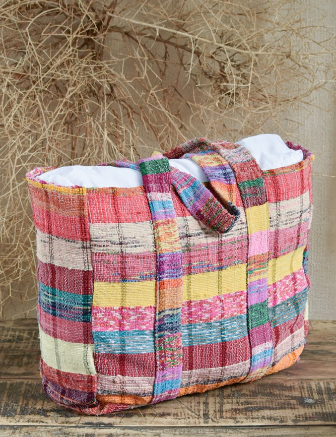 Ekaurr Threaded Tales Bag handcrafted kantha or patchwork fabric tote bag with layered textile storytelling panels, artisan Indian textile accessory for everyday use and boho-inspired conscious styling