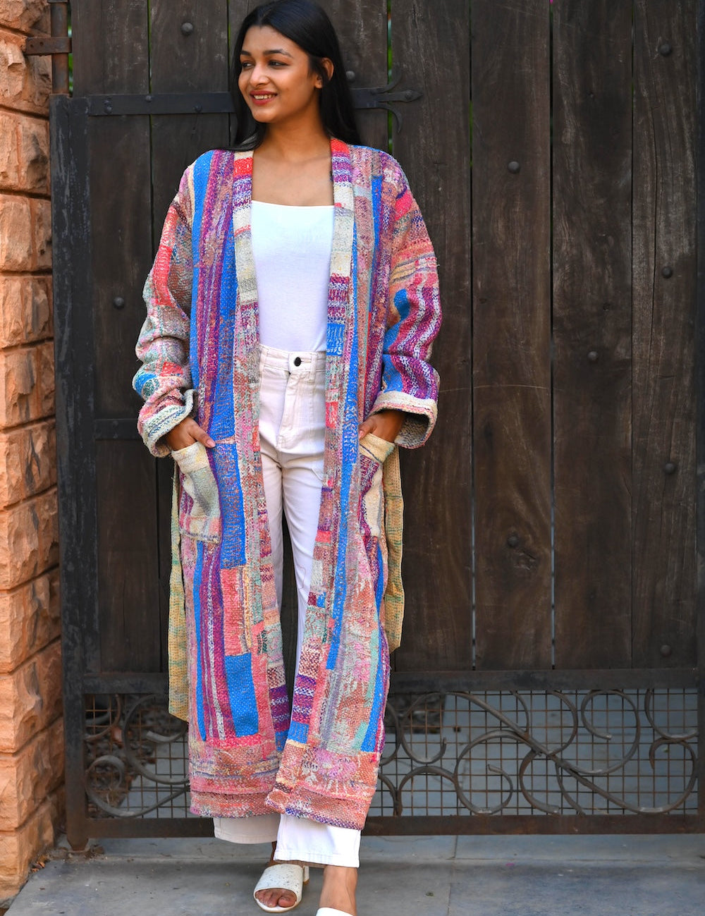 Ekaurr Threads of Color Jacket handcrafted artisan jacket in multicolour kantha stitch or patchwork fabric construction with vibrant layered textile character, slow fashion statement outerwear for conscious women's styling