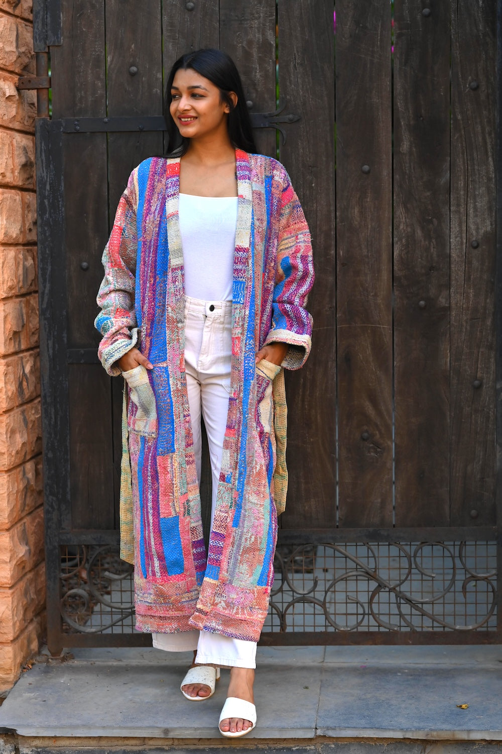 Ekaurr Threads of Color Jacket handcrafted artisan jacket in multicolour kantha stitch or patchwork fabric construction with vibrant layered textile character, slow fashion statement outerwear for conscious women's styling