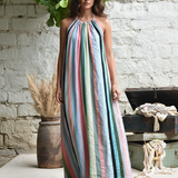 Ekaurr Threads of Renewal Dress handcrafted upcycled fabric dress with patchwork or kantha stitch construction in earthy renewed tones, artisan slow fashion wearable for conscious women's styling