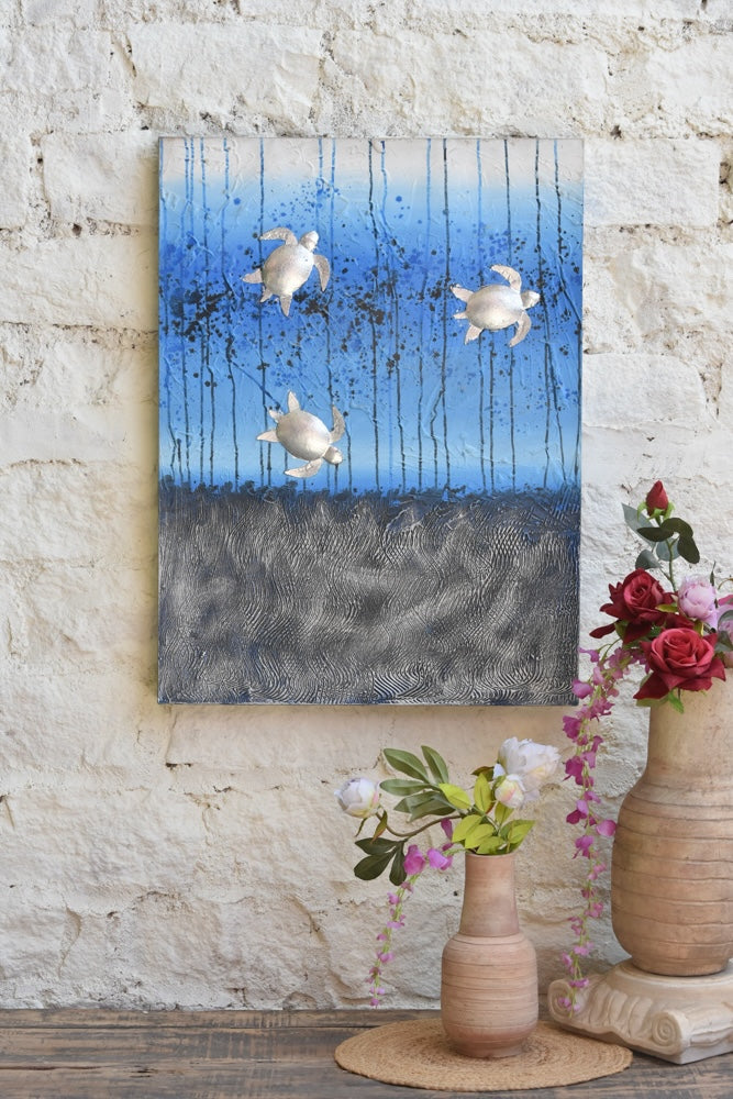 Ekaurr Tidal Companions original painting depicting ocean-inspired fluid forms with blue and teal tones, handcrafted coastal artwork for living rooms dining spaces and home walls