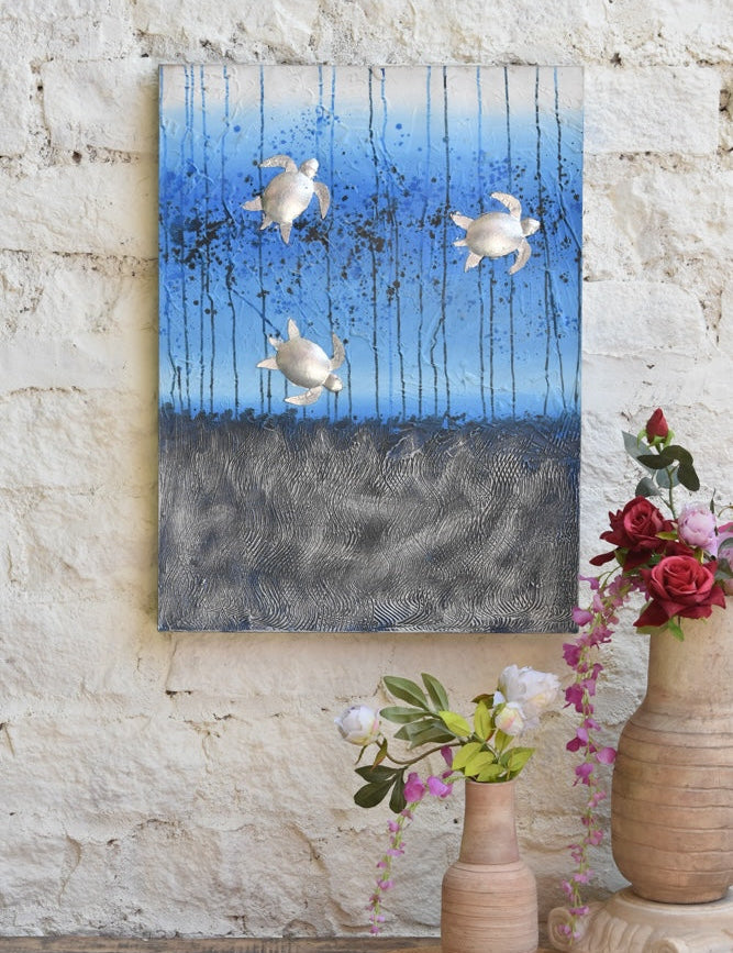 Ekaurr Tidal Companions original painting depicting ocean-inspired fluid forms with blue and teal tones, handcrafted coastal artwork for living rooms dining spaces and home walls