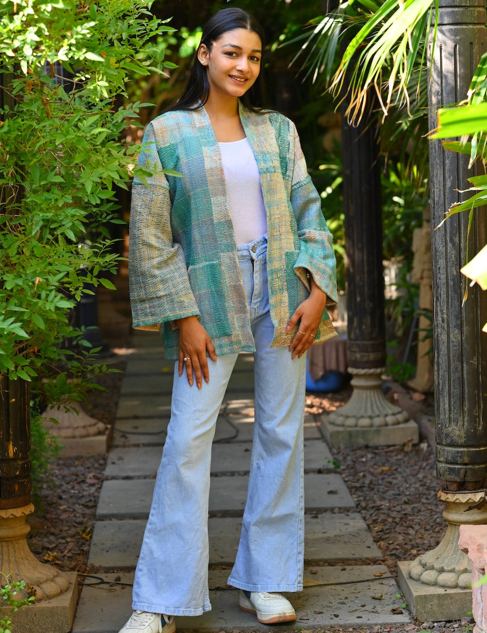 Ekaurr Tidal Patch Kimono handcrafted kantha or patchwork fabric open kimono in ocean-toned blue and teal patchwork panels, artisan slow fashion layering piece for boho and conscious women's styling