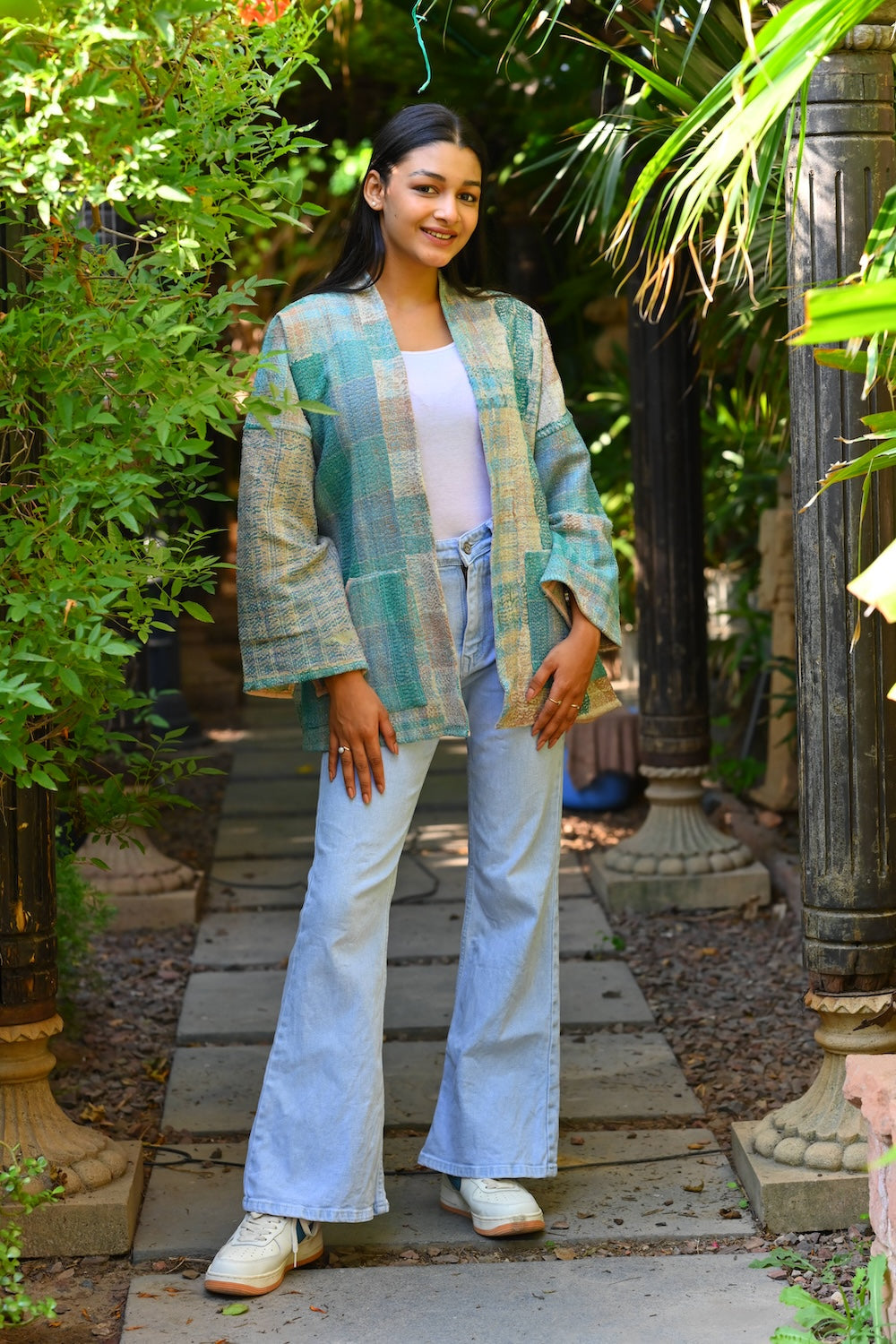 Ekaurr Tidal Patch Kimono handcrafted kantha or patchwork fabric open kimono in ocean-toned blue and teal patchwork panels, artisan slow fashion layering piece for boho and conscious women's styling