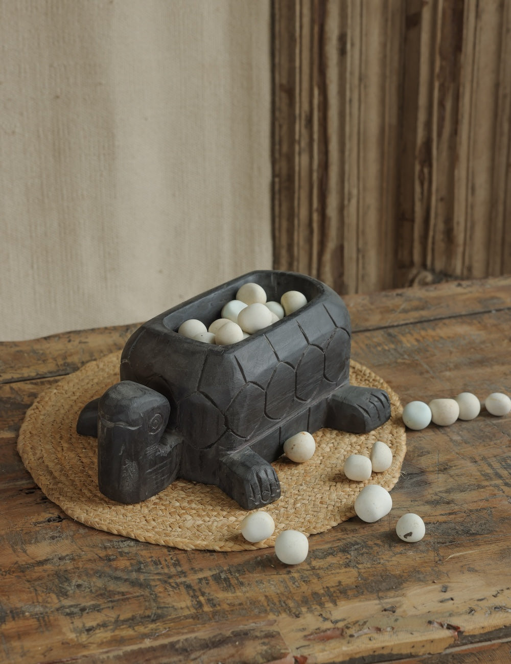 Ekaurr Tortoise Decorative in Black Finish handcrafted reclaimed wood tortoise-form planter or decor piece with deep matte black finish, auspicious artisan home accent for shelves and vastu styling