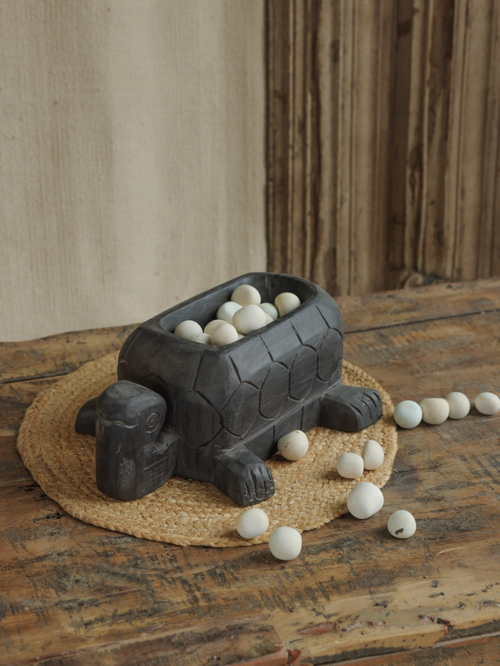 Ekaurr Tortoise Decorative in Black Finish handcrafted reclaimed wood tortoise-form planter or decor piece with deep matte black finish, auspicious artisan home accent for shelves and vastu styling