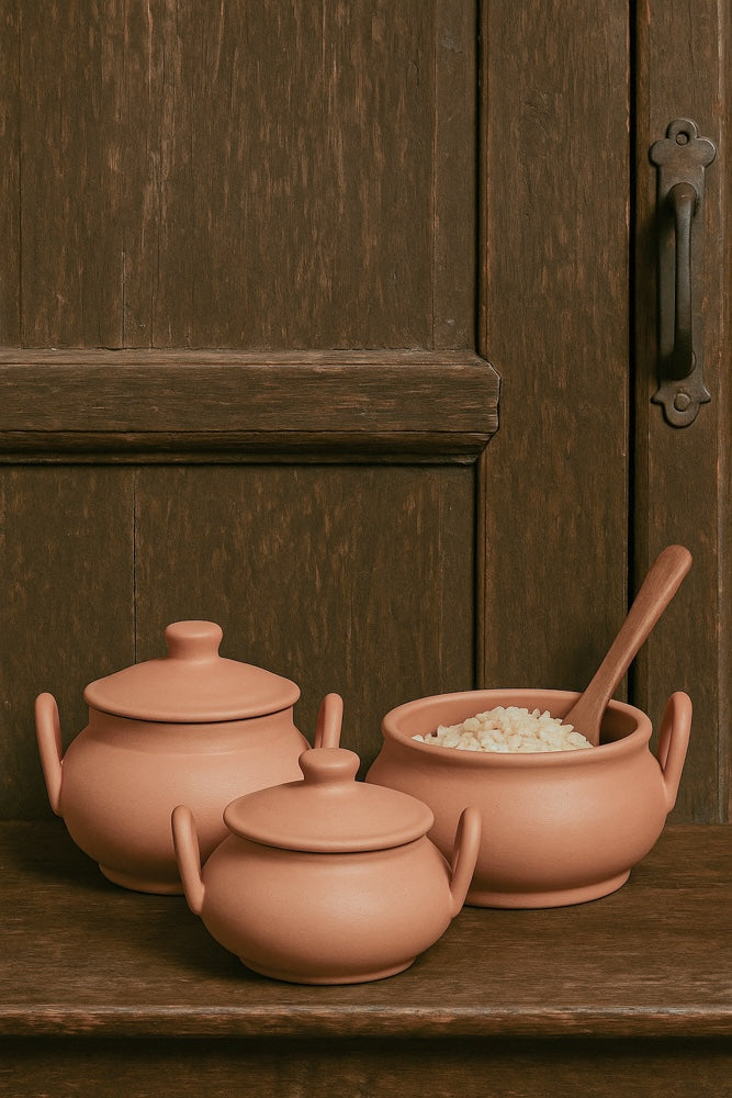 Ekaurr Traditional Handled Clay Pots set of 3 handmade natural clay cooking and serving pots with side handles crafted by rural Indian artisans, earthy artisan kitchen essentials for traditional Indian cooking and conscious home dining