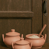 Ekaurr Traditional Handled Clay Pots set of 3 handmade natural clay cooking and serving pots with side handles crafted by rural Indian artisans, earthy artisan kitchen essentials for traditional Indian cooking and conscious home dining
