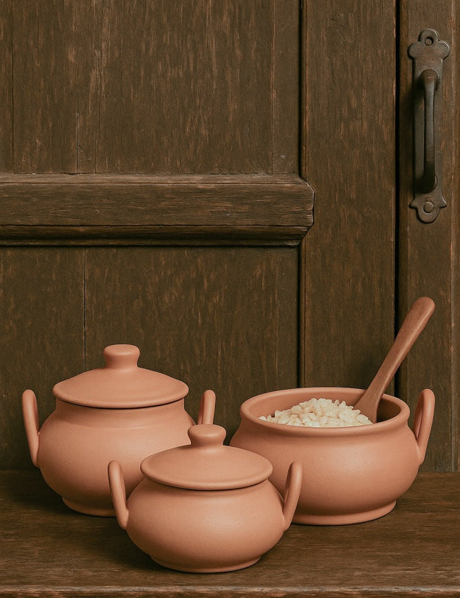 Ekaurr Traditional Handled Clay Pots set of 3 handmade natural clay cooking and serving pots with side handles crafted by rural Indian artisans, earthy artisan kitchen essentials for traditional Indian cooking and conscious home dining