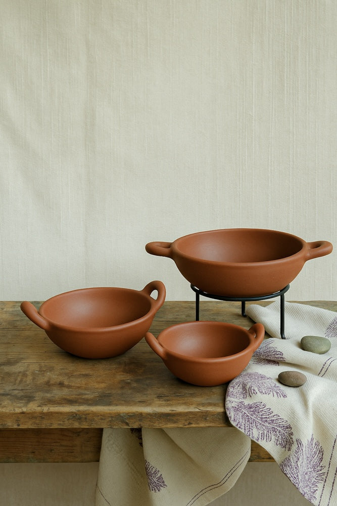 Ekaurr Traditional Kadhai Serving Dish set of 3 handmade natural clay kadhai-form serving dishes with wide rim and curved base crafted by rural Indian artisans, earthy artisan kitchen essentials for serving Indian curries and traditional home dining