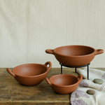 Ekaurr Traditional Kadhai Serving Dish set of 3 handmade natural clay kadhai-form serving dishes with wide rim and curved base crafted by rural Indian artisans, earthy artisan kitchen essentials for serving Indian curries and traditional home dining