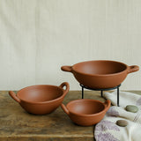 Ekaurr Traditional Kadhai Serving Dish set of 3 handmade natural clay kadhai-form serving dishes with wide rim and curved base crafted by rural Indian artisans, earthy artisan kitchen essentials for serving Indian curries and traditional home dining