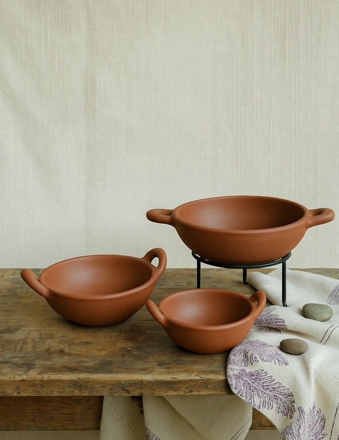 Ekaurr Traditional Kadhai Serving Dish set of 3 handmade natural clay kadhai-form serving dishes with wide rim and curved base crafted by rural Indian artisans, earthy artisan kitchen essentials for serving Indian curries and traditional home dining