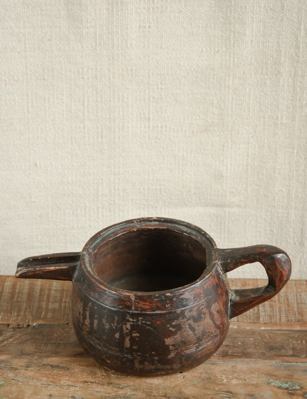 Ekaurr Traditional Vintage Wooden Milk Pot with spout and handle rich brown patina and natural cracks rustic collectible home decor