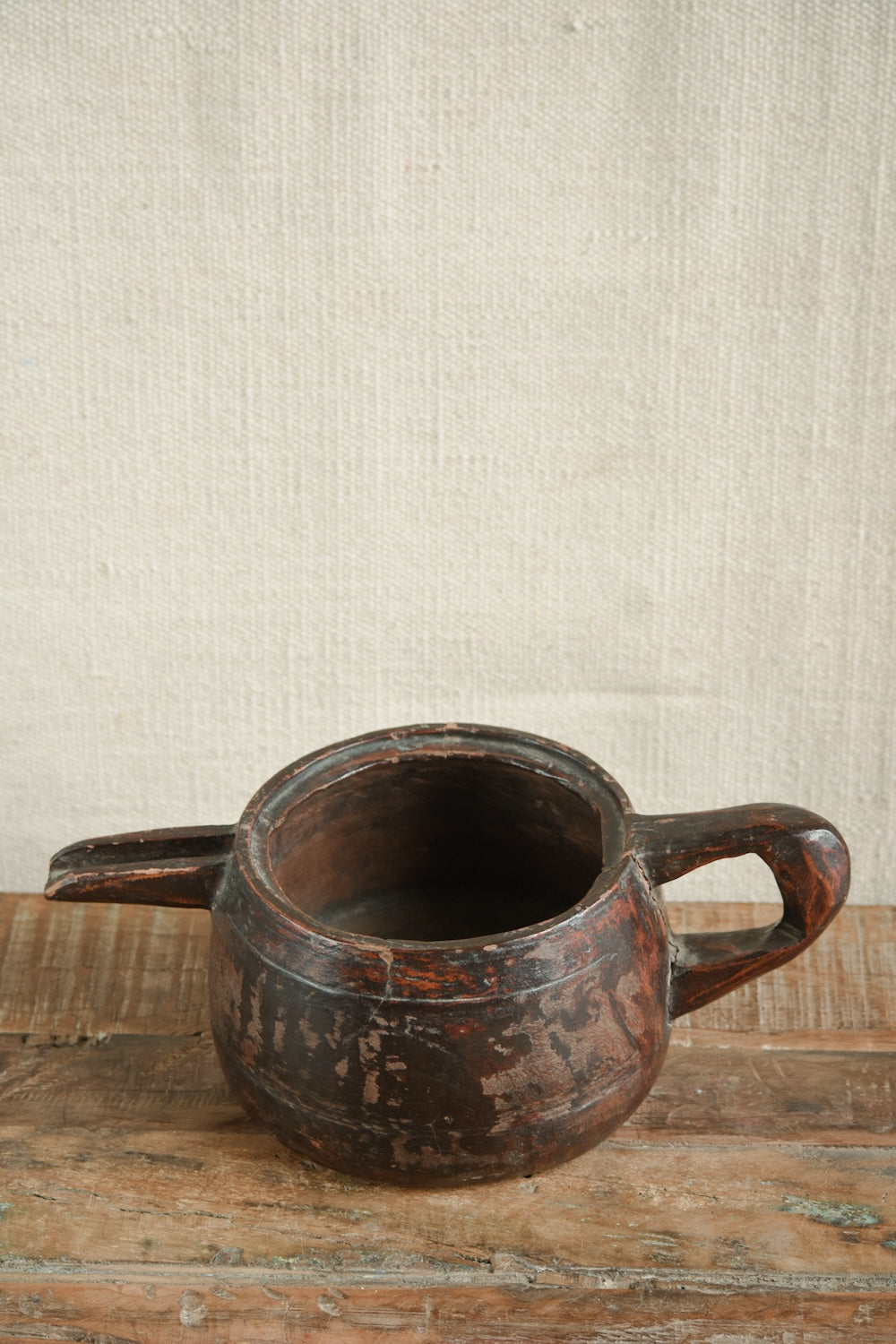 Ekaurr Traditional Vintage Wooden Milk Pot with spout and handle rich brown patina and natural cracks rustic collectible home decor