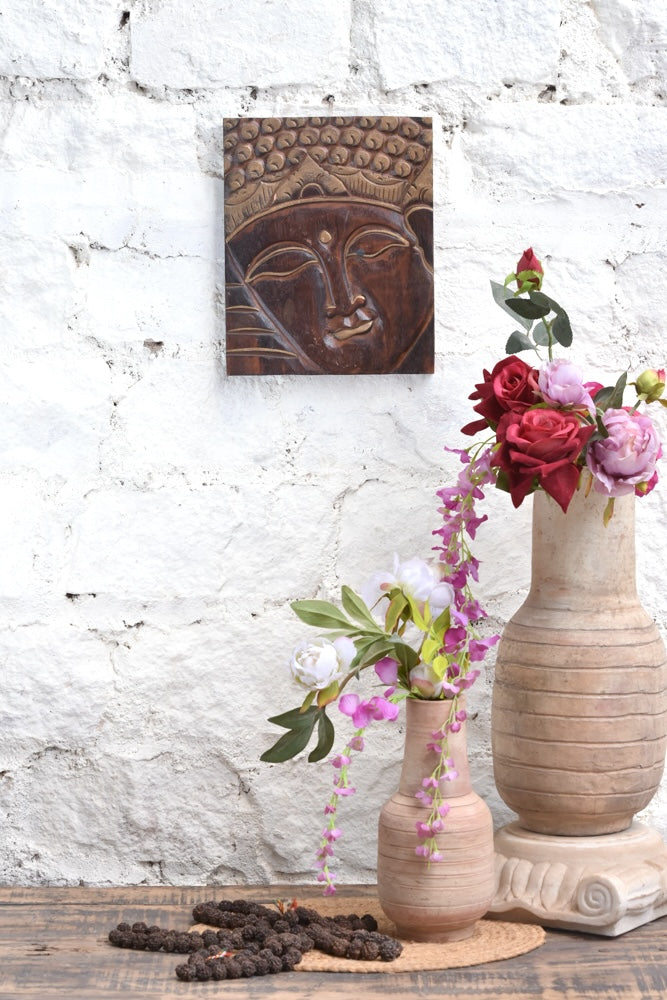 Ekaurr Tranquil Wisdom wall art in calm meditative tones depicting a serene spiritual figure or symbolic composition, handcrafted home decor for meditation corners living rooms and mindful interior spaces