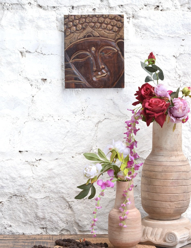 Ekaurr Tranquil Wisdom wall art in calm meditative tones depicting a serene spiritual figure or symbolic composition, handcrafted home decor for meditation corners living rooms and mindful interior spaces