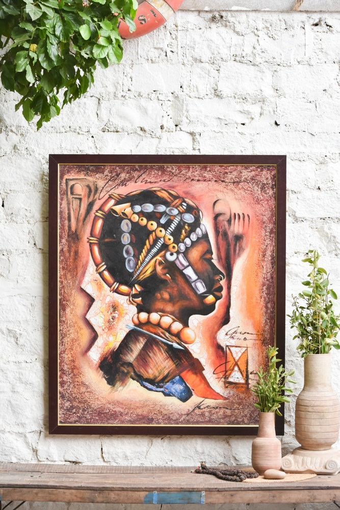 Ekaurr Tribal Crown painting depicting a bold crowned tribal figure or motif in rich earthy pigments and folk art style, handcrafted cultural home decor for living rooms and heritage-inspired interior styling