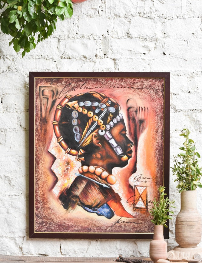 Ekaurr Tribal Crown painting depicting a bold crowned tribal figure or motif in rich earthy pigments and folk art style, handcrafted cultural home decor for living rooms and heritage-inspired interior styling