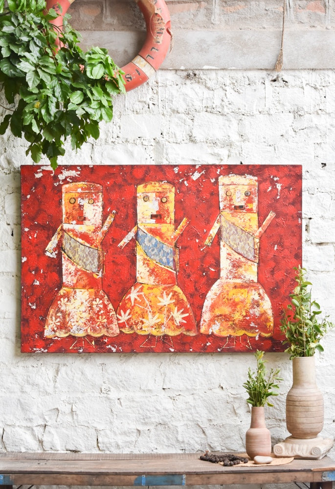Ekaurr Tribal Dance painting depicting figures in expressive tribal dance movement with bold earthy pigments and folk art energy, handcrafted cultural home decor for living rooms and heritage-inspired interiors