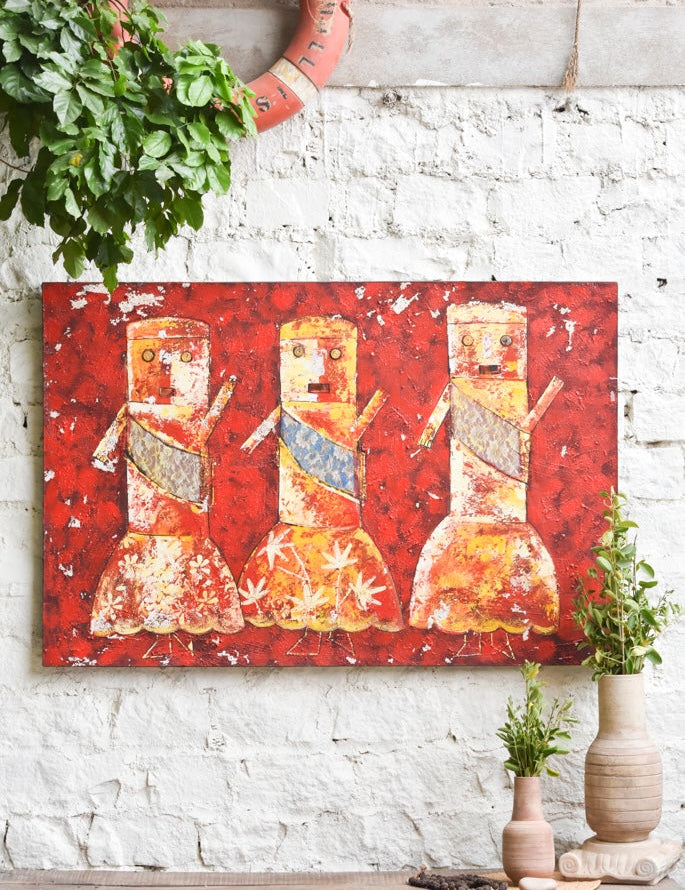 Ekaurr Tribal Dance painting depicting figures in expressive tribal dance movement with bold earthy pigments and folk art energy, handcrafted cultural home decor for living rooms and heritage-inspired interiors
