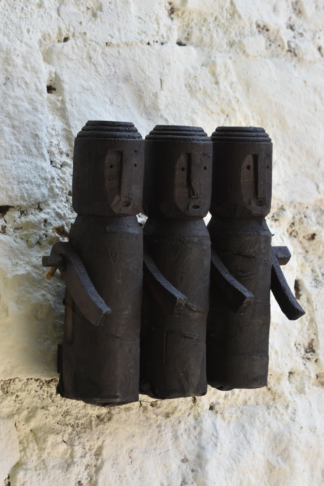 Ekaurr Tribal-Inspired Wooden Dolls Wall Hanging – set of 3 handcrafted reclaimed wood figures in earthy charcoal finish